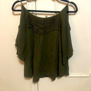 Olive green cold shoulder top, size small